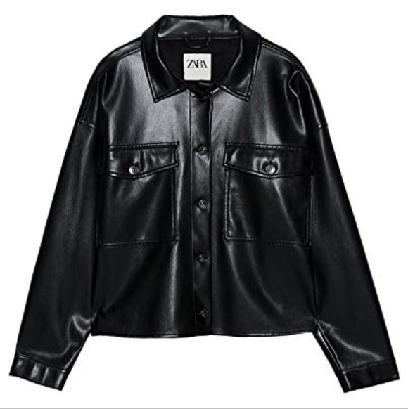 Zara Women's Faux Leather Oversize Cropped Button Down Shirt Black Size Large - Picture 4 of 12